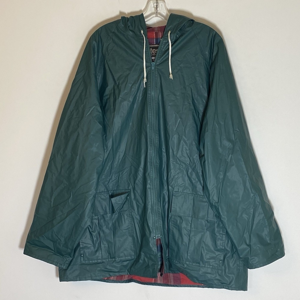 Totes Rain Coat Mens XL Green Hooded PVC Water Repellent Flannel Lined‎ Pockets